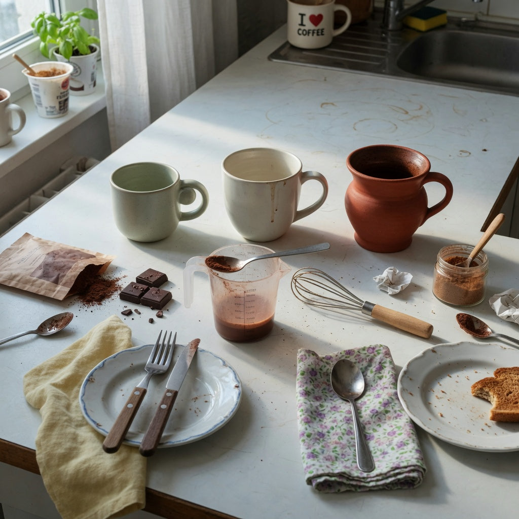 Cacao cup shared household practical purchase checklist with 250 ml Ball Handle, 390 ml Round, and 400 ml Spittoon mugs on a kitchen counter