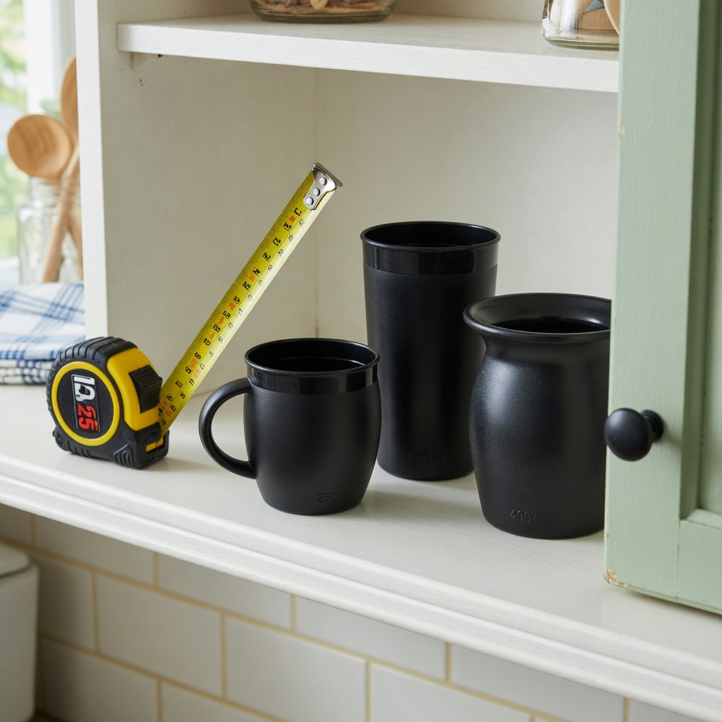 Kitchen shelf comparison for the cacao cup storage fit guide with Ball Handle, Round, and Spittoon cup shapes