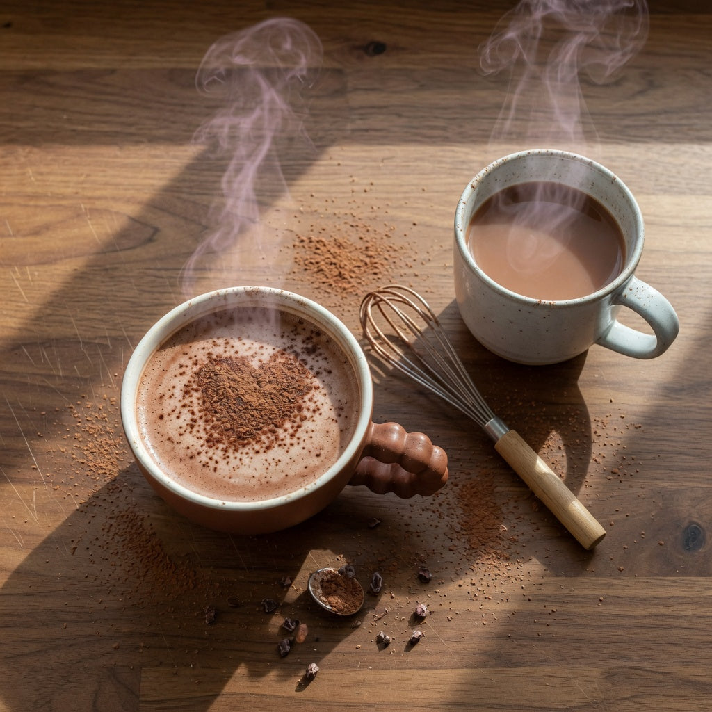 Cacao cup vs mug comparison: a wide-mouth ball-handle mug of frothy cacao beside a standard handled coffee mug on a kitchen counter