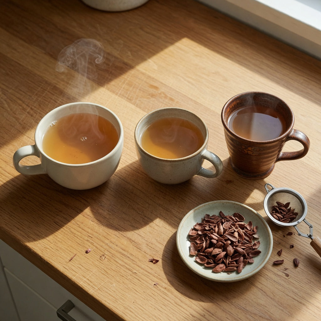 Three cacao tea cup options — 250 ml ball handle, 390 ml round and 400 ml spittoon mugs — lined up with cacao husk tea on a kitchen counter.