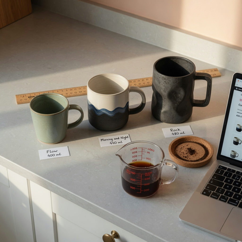 Cafe au lait mug buying priorities shown with 400 ml, 440 ml, and 480 ml mugs beside a measuring jug and desk space