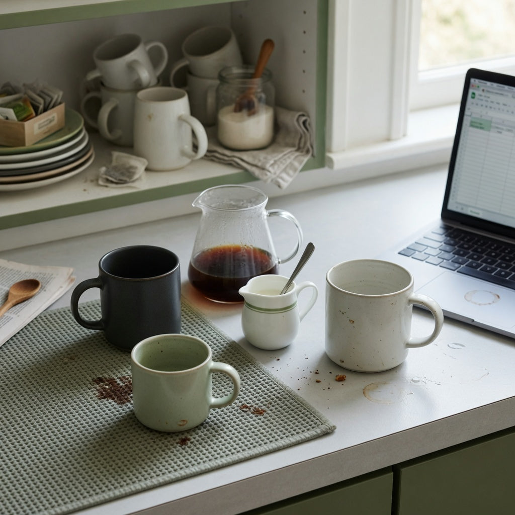 Three handled mugs arranged for a cafe au lait mug everyday mug rotation practical purchase checklist beside a coffee carafe, desk, and drying mat