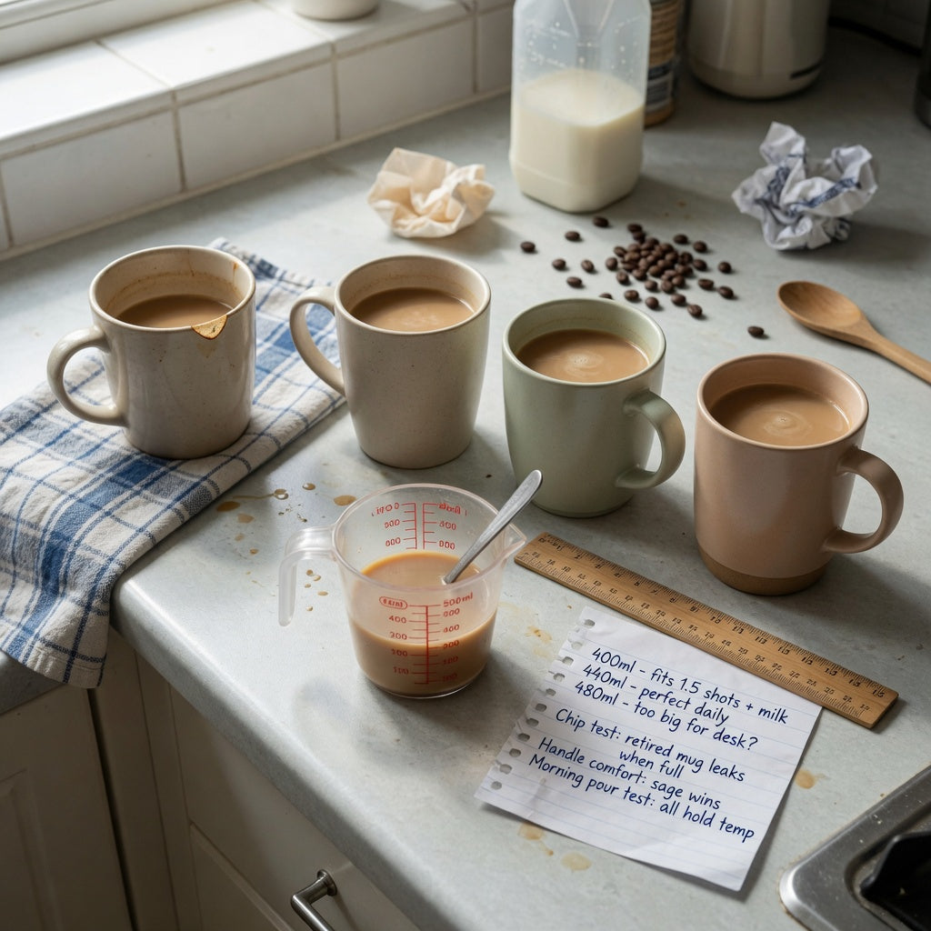 Cafe au lait mug replacement purchase practical purchase checklist with 400 ml, 440 ml, and 480 ml mugs beside a chipped mug and measuring tools