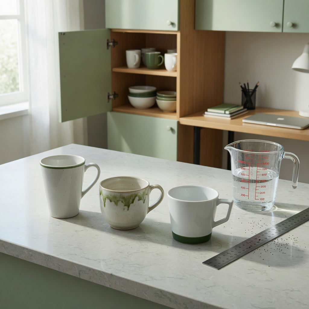 Cappuccino coffee mug everyday mug rotation practical purchase checklist with three cups, a measuring jug, and an open kitchen shelf