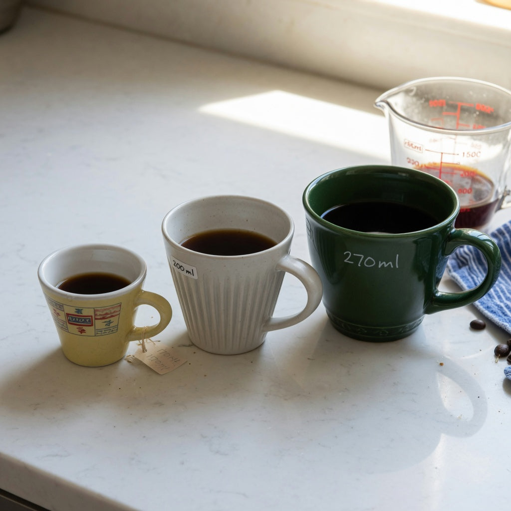 A cappuccino coffee mug gift choice product shortlist guide showing 170 ml, 200 ml, and 270 ml cups beside a measuring jug