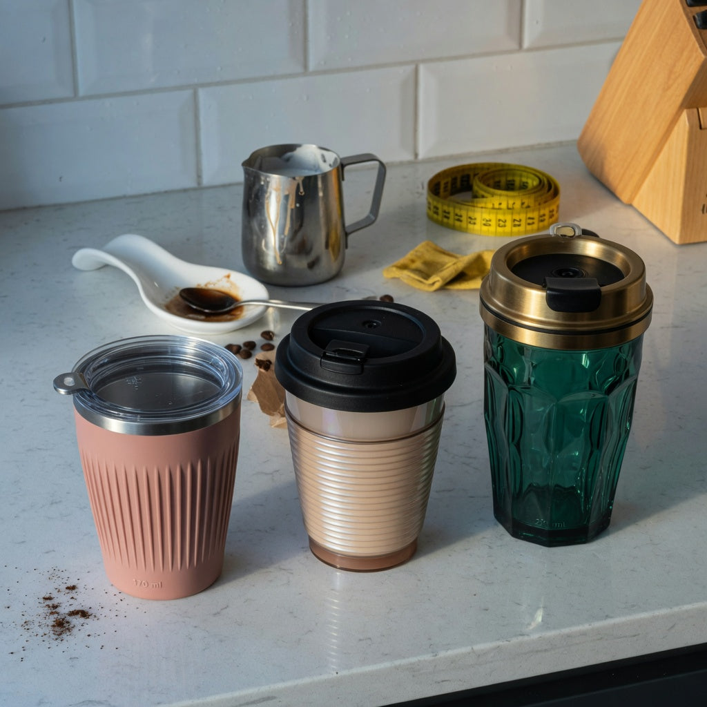 Cappuccino coffee mug home coffee station product shortlist guide showing Retro 170 ml, Pleated 200 ml, and Emerald 270 ml options on a kitchen counter