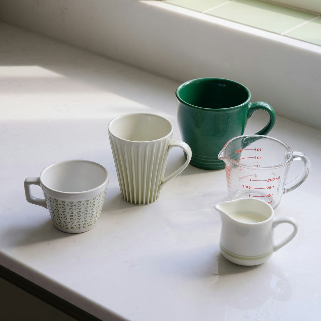Cappuccino coffee mug size decision guide comparing 170 ml, 200 ml, and 270 ml cups beside a kitchen measuring jug