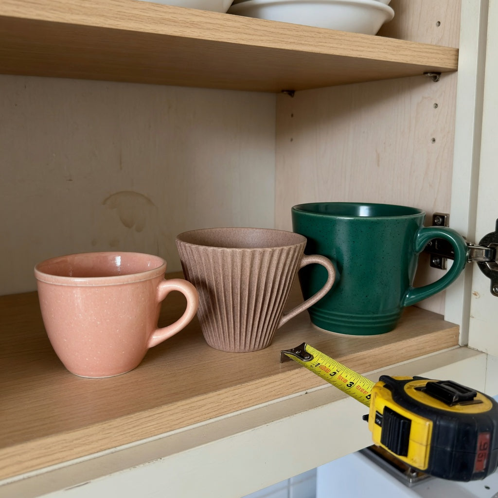 Cappuccino coffee mug storage fit guide comparing three cup shapes and their handle clearance on a cabinet shelf