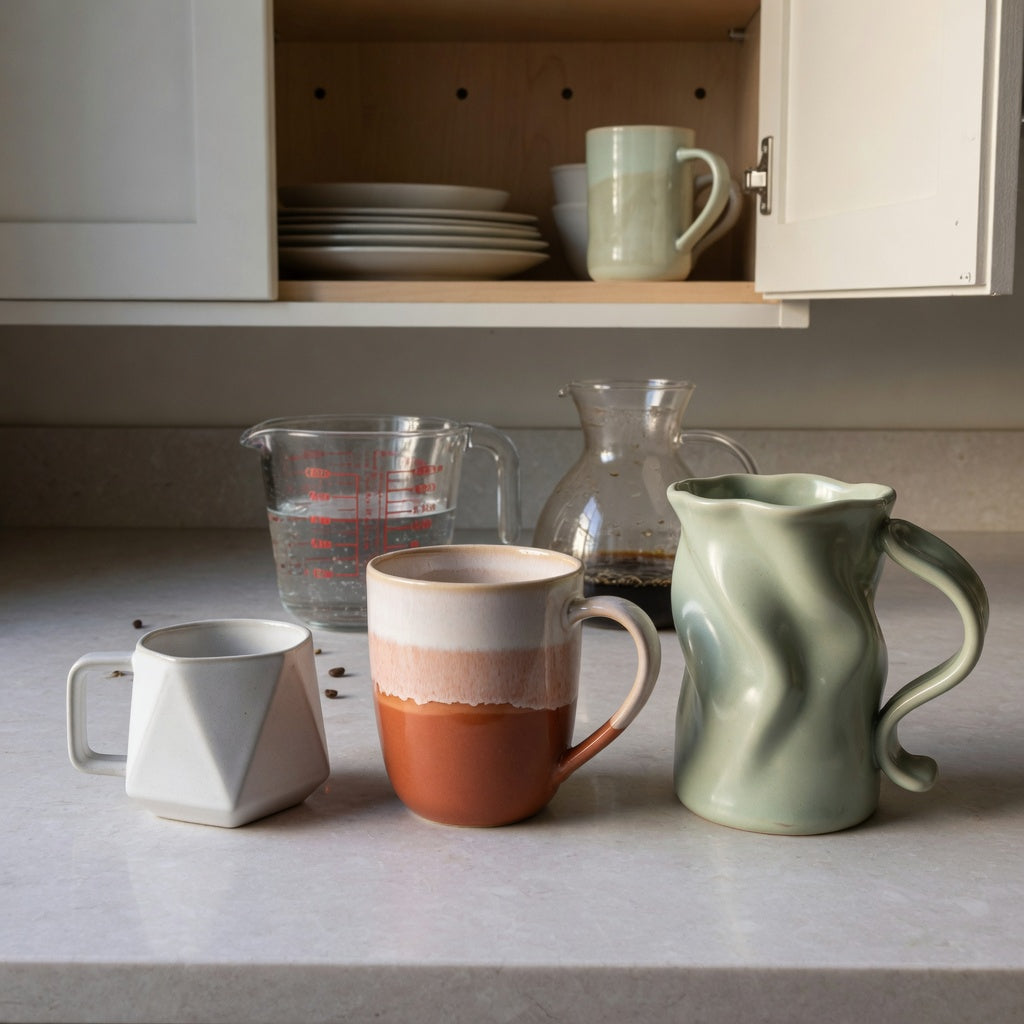 Three ceramic abstract coffee mug options in geometric, gradient and sculptural forms beside a measuring jug