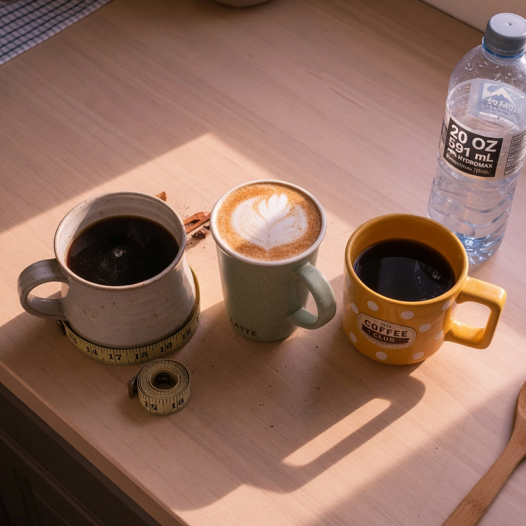 Ceramic big mugs in three sizes on a kitchen counter with a tape measure around one base and a full water bottle beside them