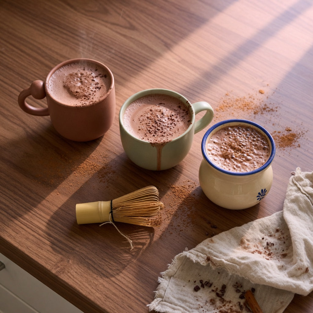 Three ceramic cacao cup styles — ball-handled, round, and spittoon shapes — filled with frothy cacao on a kitchen counter