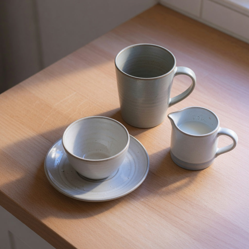 Ceramic cappuccino mug vs cup on a kitchen counter, a small wide cup beside a taller mug