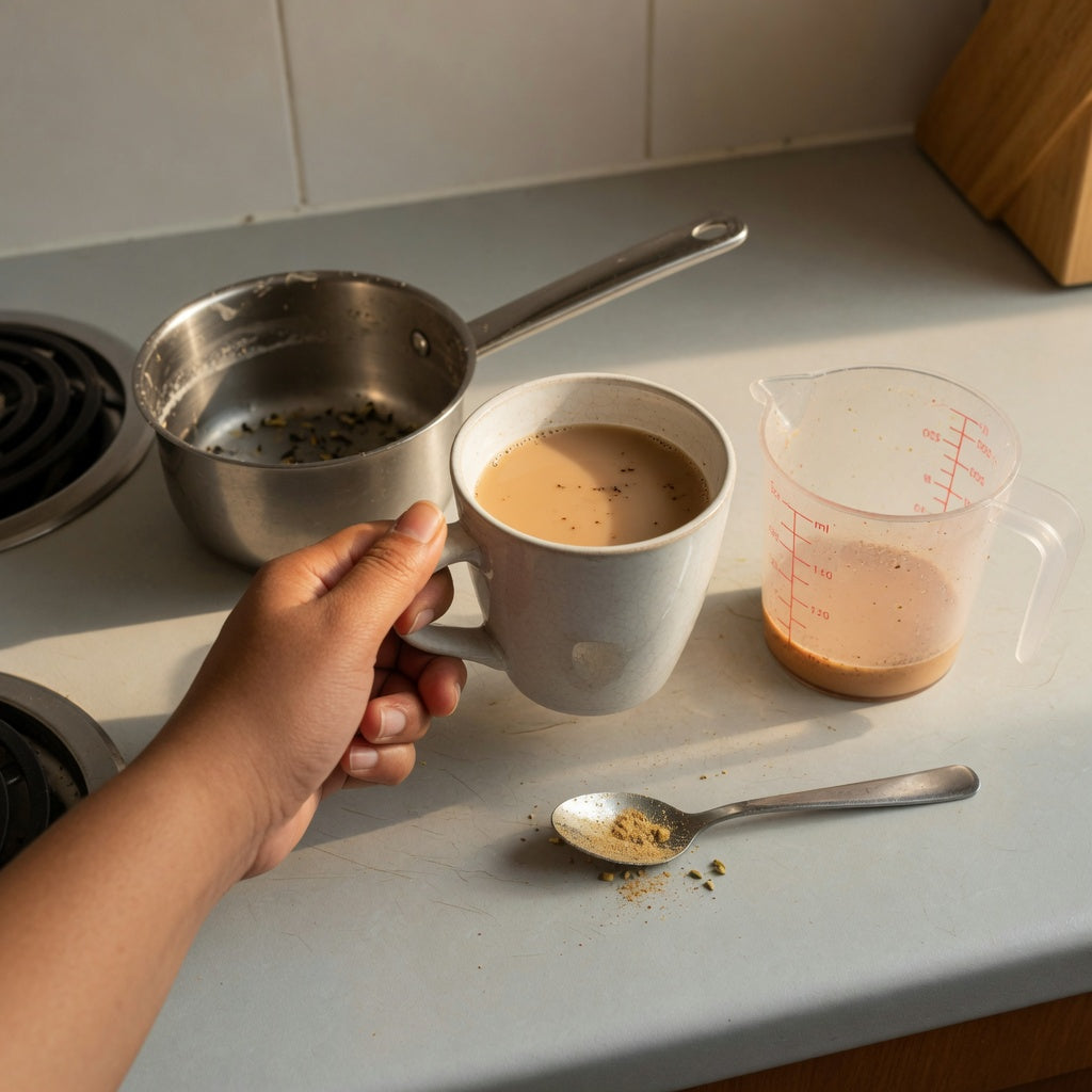 Ceramic chai mug beside a saucepan and measuring jug on a kitchen counter