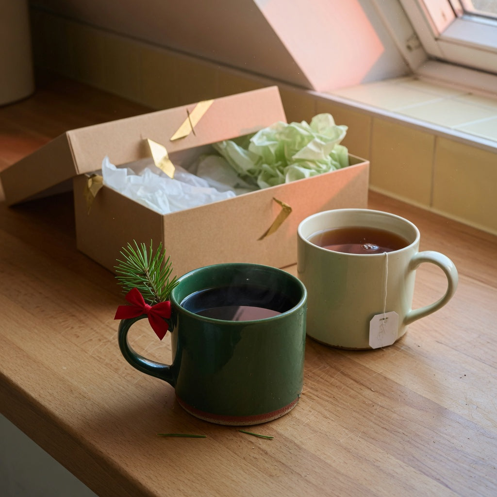 A ceramic christmas mug for coffee and tea on a wood counter next to a holiday gift box