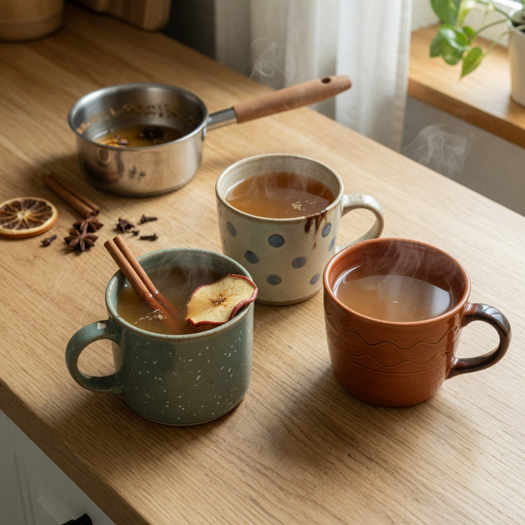 Three ceramic cider cups filled with spiced apple cider and cinnamon sticks on an oak kitchen counter.