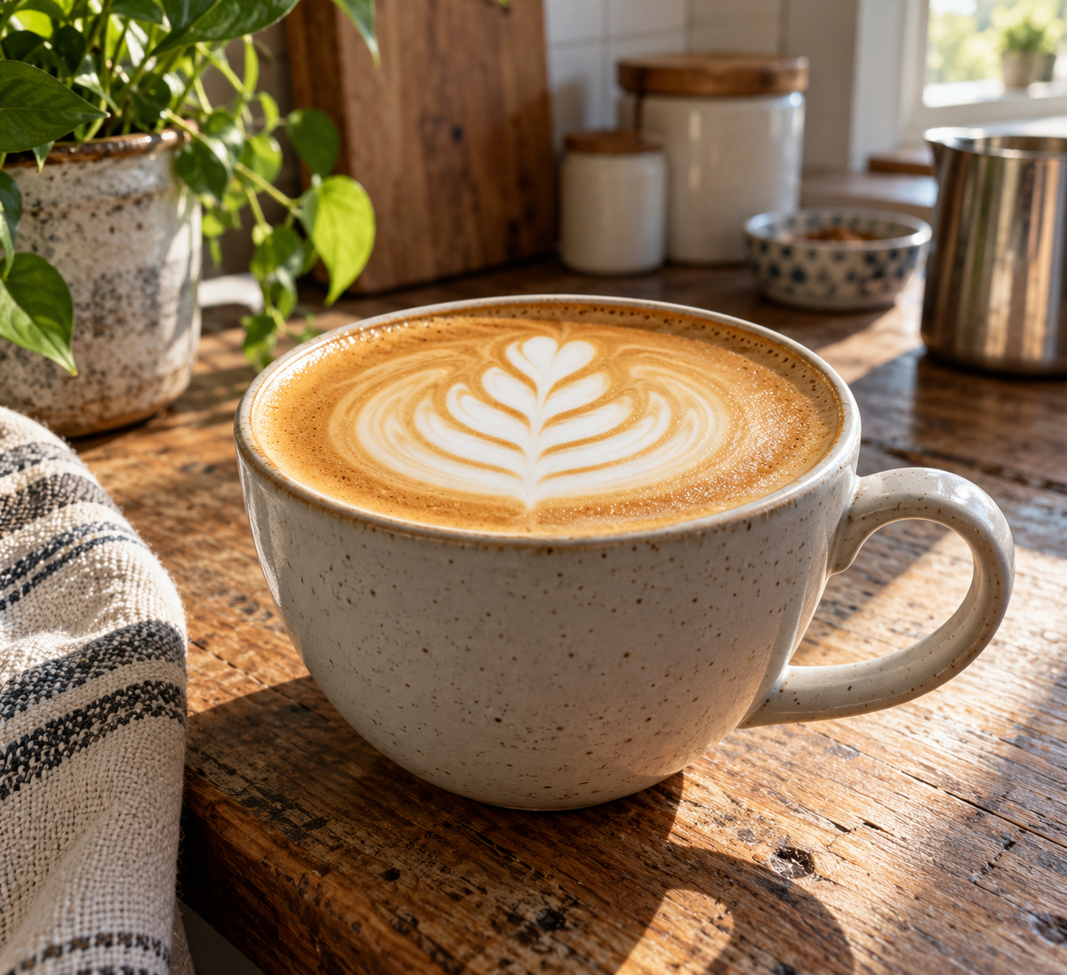 ceramic coffee cup for flat white at home on kitchen counter with latte art