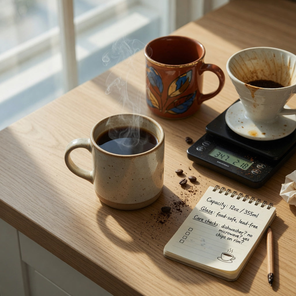 Ceramic coffee mug for coffee lovers on a kitchen counter beside a pour-over dripper with steam rising