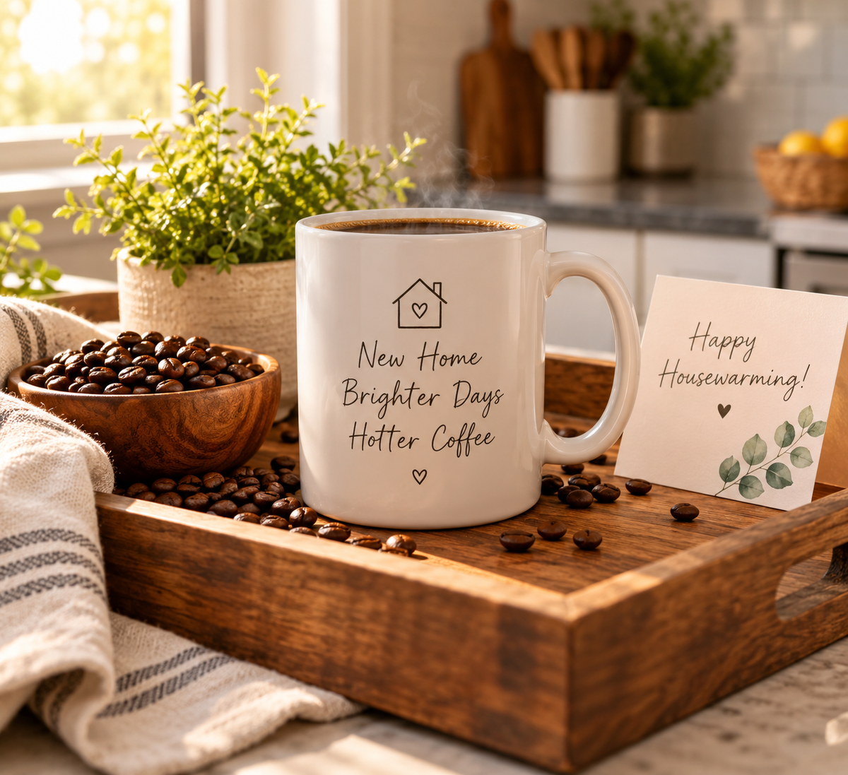Ceramic coffee mug for housewarming gift on breakfast tray with coffee and housewarming card