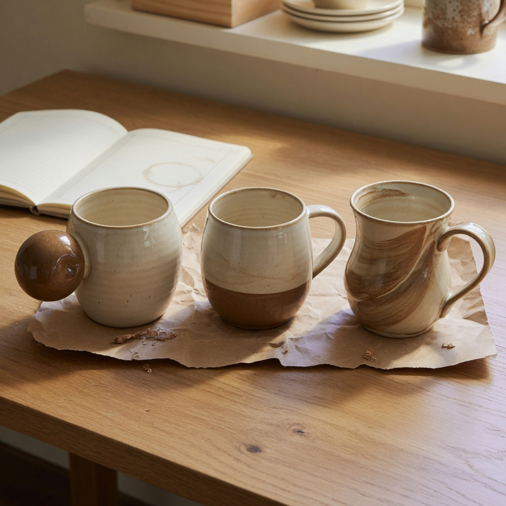 Ceramic coffee mug with handle comparison showing three vessel and handle silhouettes on a packing table