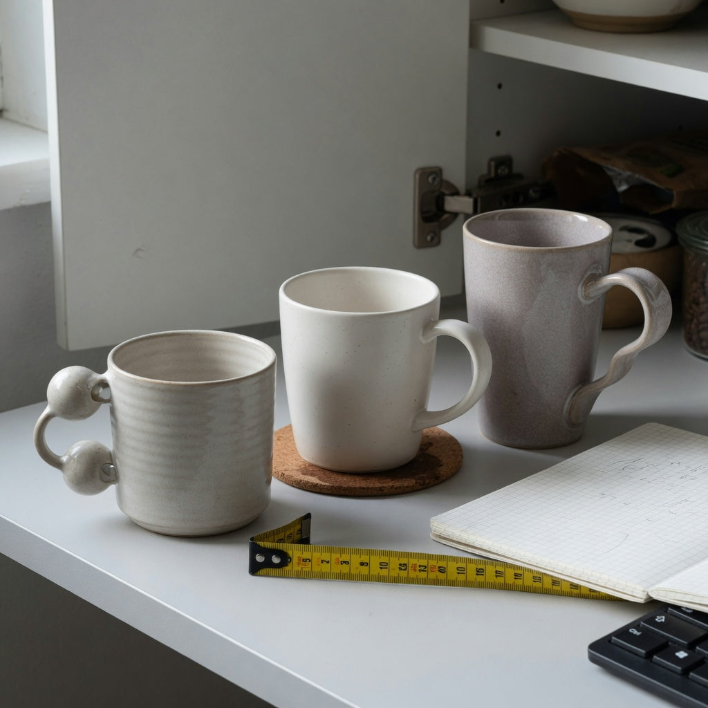 Desk and cabinet setup illustrating ceramic coffee mug with handle buying priorities through three visible handle forms