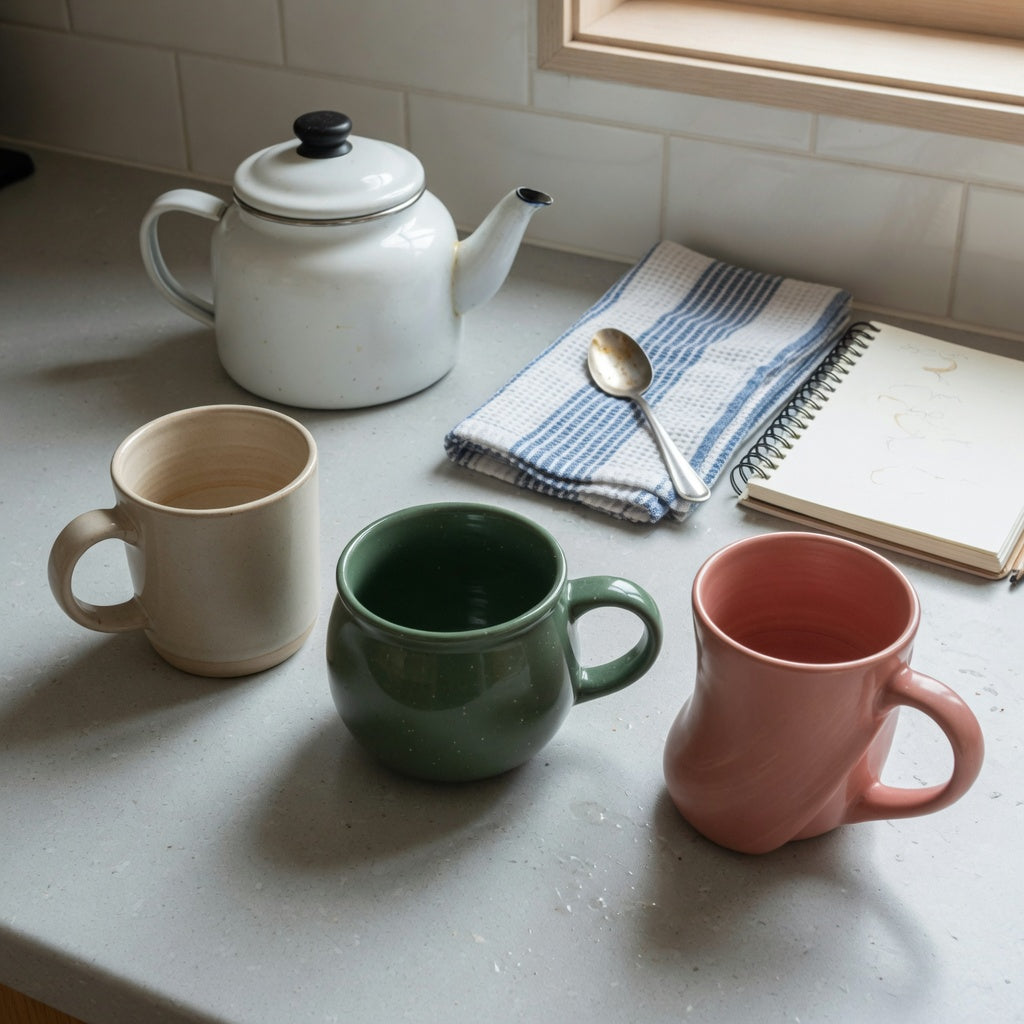 Ceramic coffee mug with handle daily use guide comparison showing ball, round, and flow mug shapes on a kitchen counter