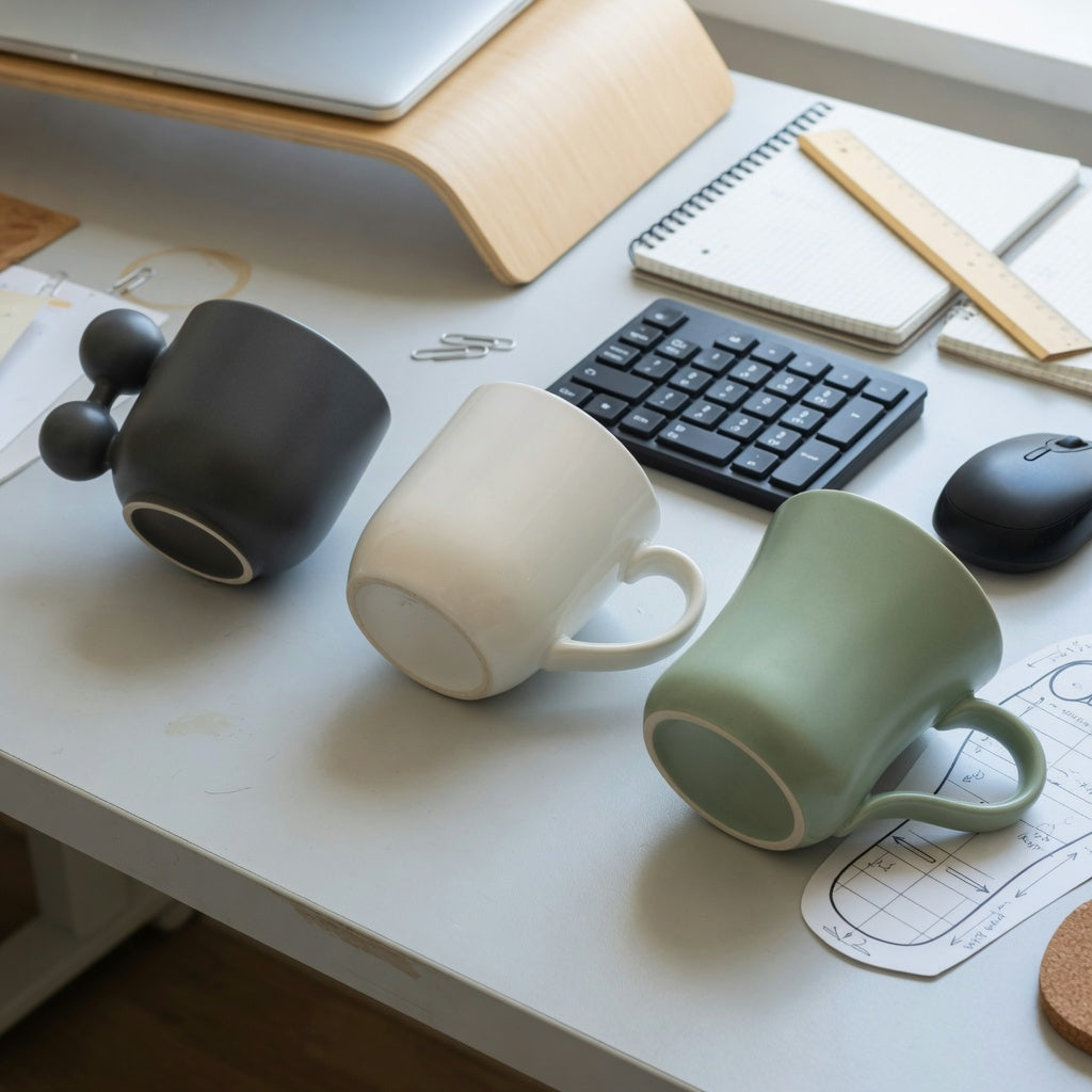 ceramic coffee mug with handle for desk use beside a keyboard, showing vessel shape, base footprint, and handle clearance