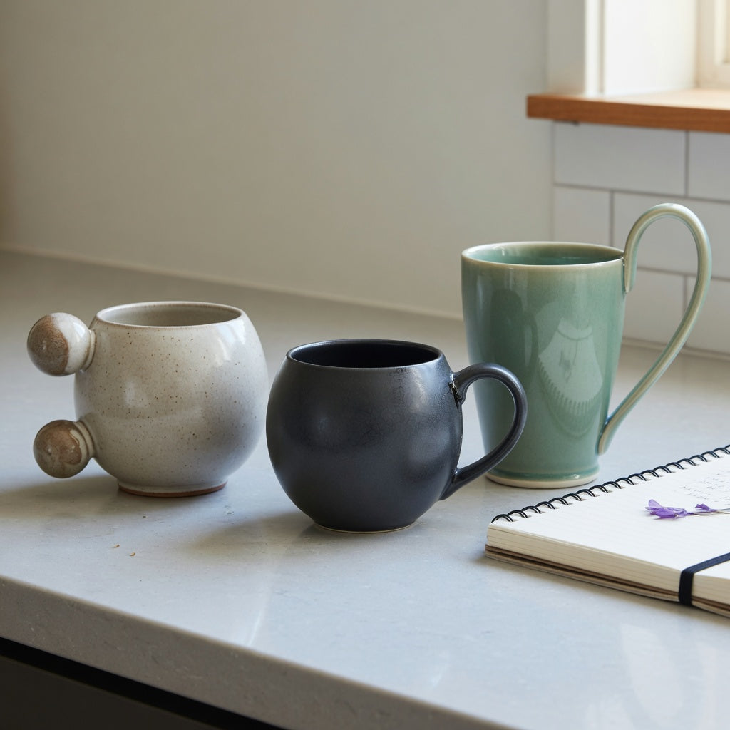 ceramic coffee mug with handle first time buyer product shortlist guide showing ball-handled, round, and Flow 12 oz ceramic mug options