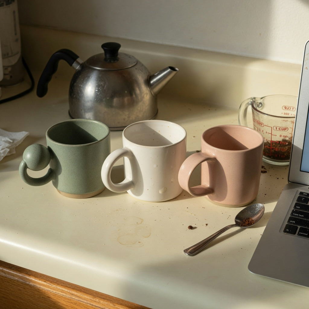 Ceramic coffee mug with handle morning routine practical purchase checklist with ball, round, and flow handle forms beside a kettle and measuring cup
