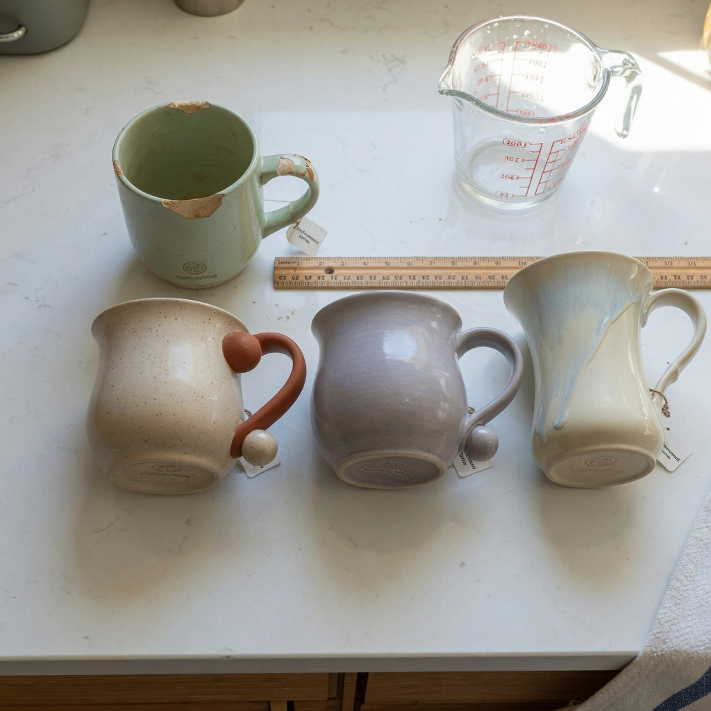 ceramic coffee mug with handle replacement purchase practical purchase checklist shown with a chipped mug, measuring jug, and three replacement forms