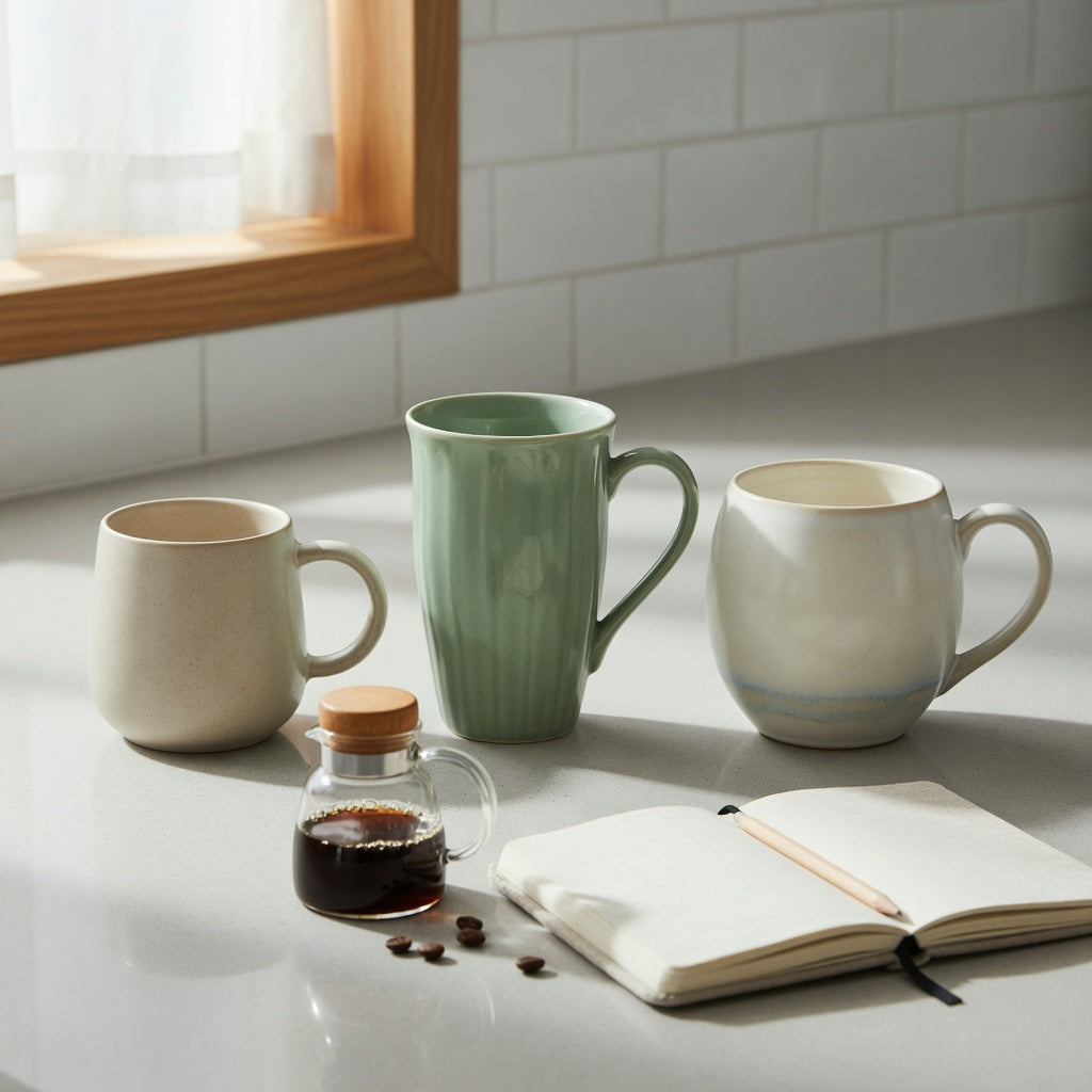 ceramic coffee mug with handle size decision guide showing 12 oz ball-handled, 14 oz Flow, and 15 oz round ceramic options
