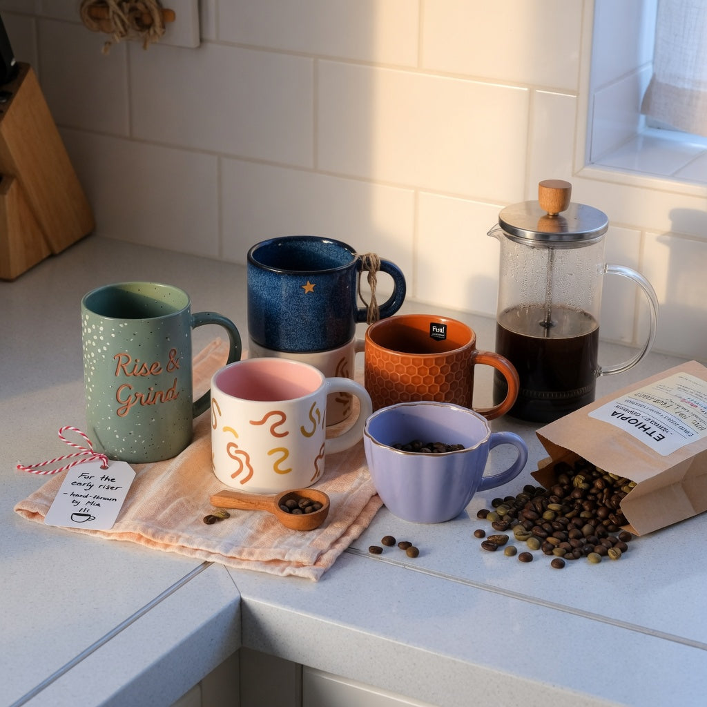 ceramic coffee mugs gift ideas displayed on kitchen counter with coffee setup
