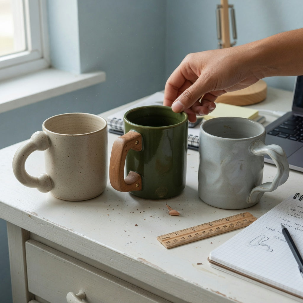 Ceramic coffee mugs with large handles first time buyer product shortlist guide showing ball, wooden, and sculpted handle comparisons