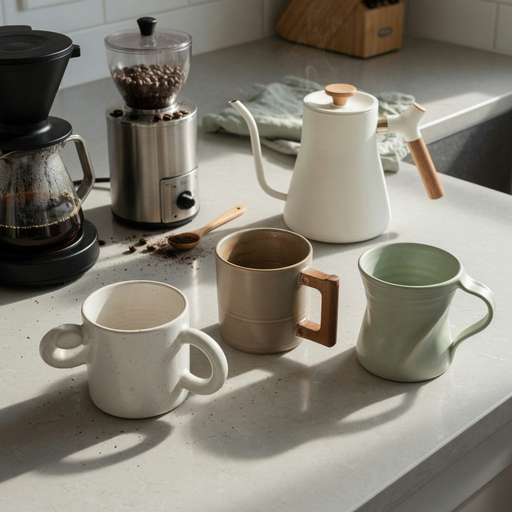 ceramic coffee mugs with large handles home coffee station practical purchase checklist showing three mugs beside a grinder and brewer