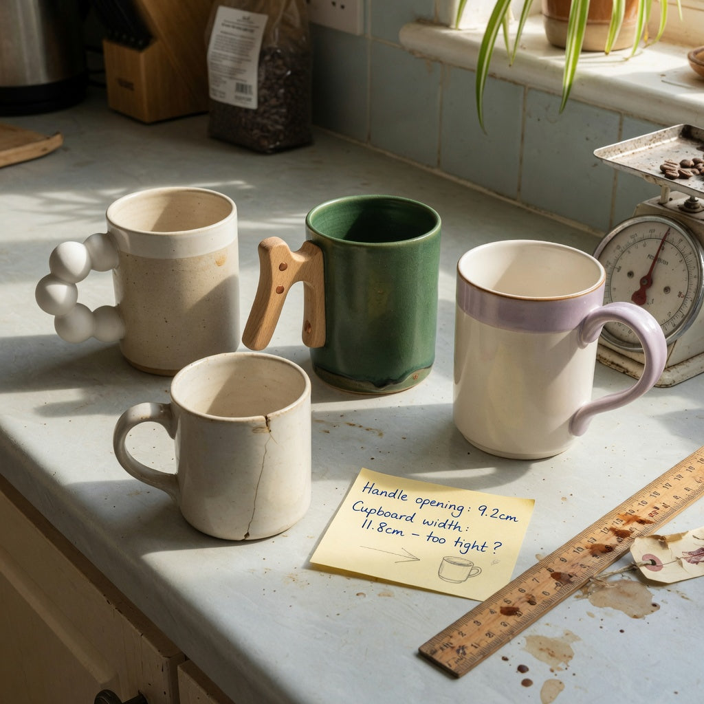 ceramic coffee mugs with large handles replacement purchase product shortlist guide comparison with three handle styles, a ruler, and a cracked old mug