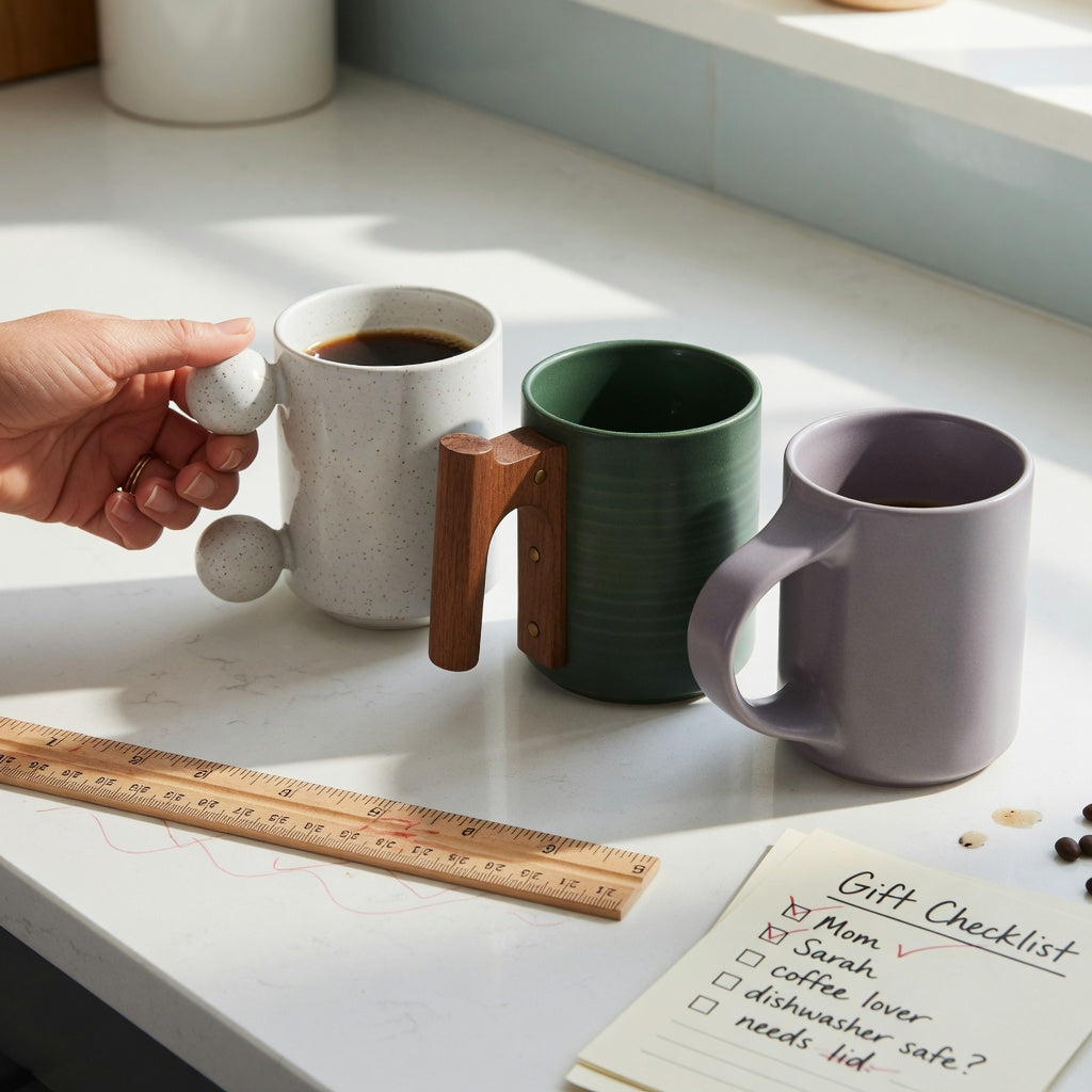 Ceramic coffee mugs with large handles gift choice practical purchase checklist with ball, wooden, and flowing handle designs