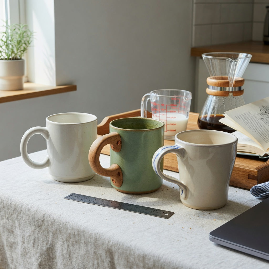 ceramic coffee mugs with large handles weekend coffee practical purchase checklist with three mug profiles, a ruler, and a breakfast tray