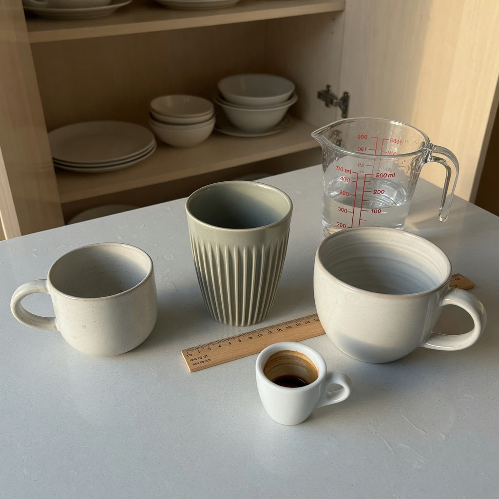 Ceramic cortado cup buying priorities compared using 170 ml, 200 ml, and 270 ml cups beside a measuring jug and ruler