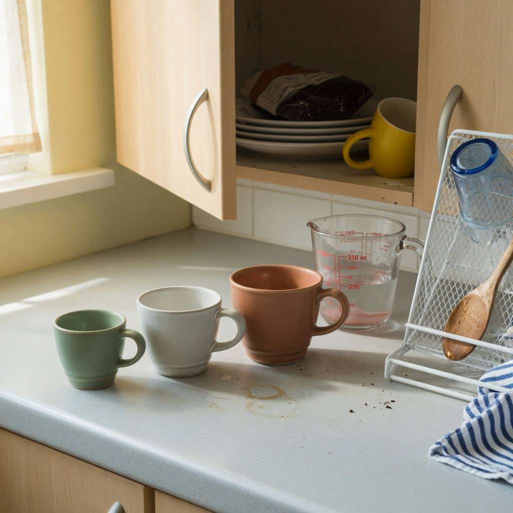 Ceramic cortado cup everyday mug rotation practical purchase checklist shown with three compact ceramic cups beside an open kitchen cabinet