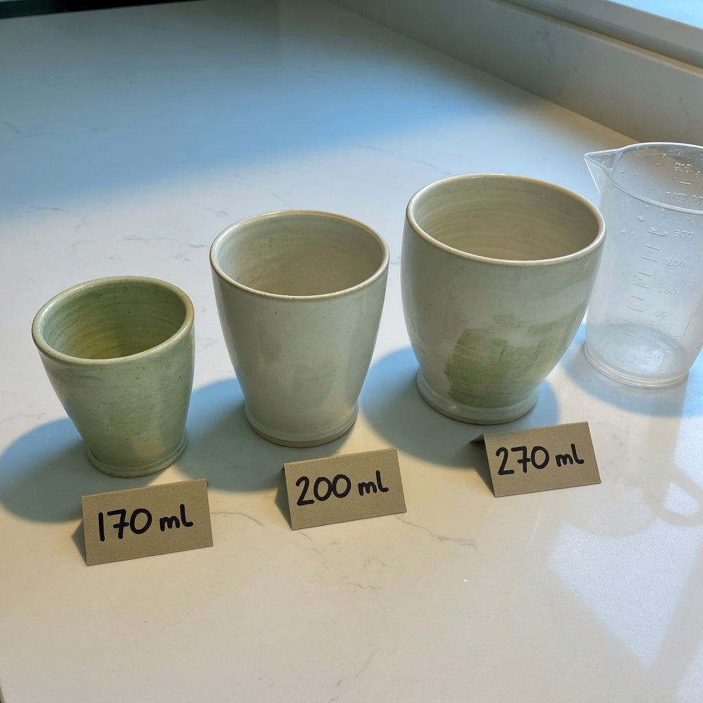 Three CoffeifyMug cups arranged for a ceramic cortado cup first time buyer product shortlist guide: Retro 170 ml, Pleated 200 ml, and Emerald 270 ml.
