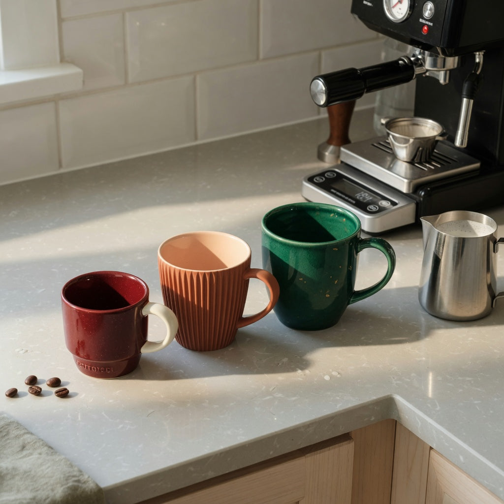 Ceramic cortado cup home coffee station practical purchase checklist with Retro 170 ml, Pleated 200 ml, and Emerald 270 ml ceramic cups