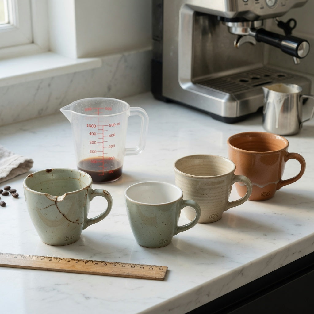 ceramic cortado cup replacement purchase practical purchase checklist with three cup capacities, a measuring jug, and an old damaged cup