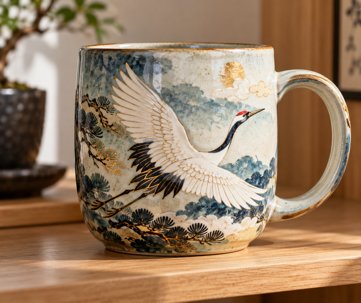 ceramic crane tea mug home decor featuring traditional Japanese crane motif