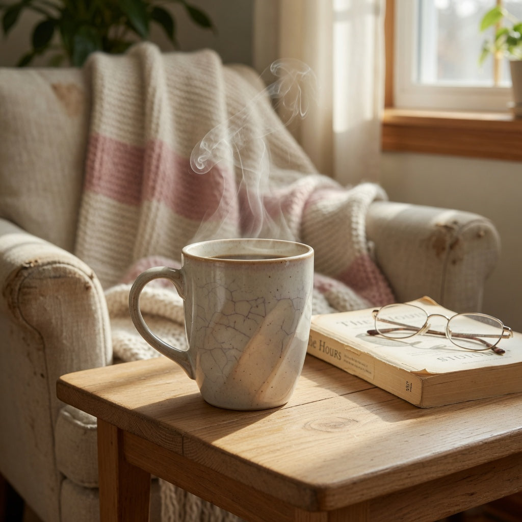 Ceramic cup cozy corner coffee mug with steam on a wooden side table beside an open book