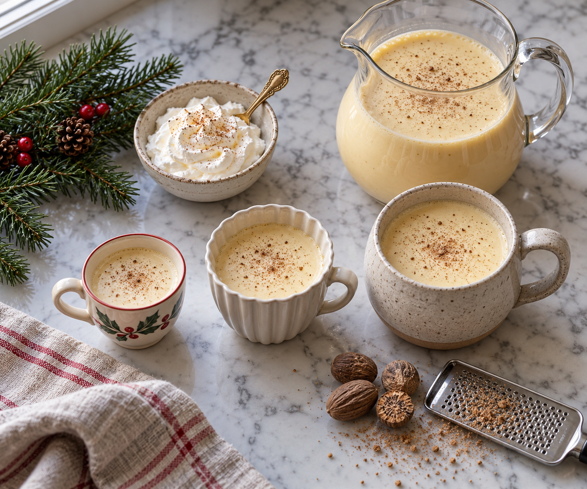 Ceramic eggnog mugs in 170, 200, and 270 ml sizes on a holiday table with a pitcher of eggnog, whipped cream, and fresh nutmeg