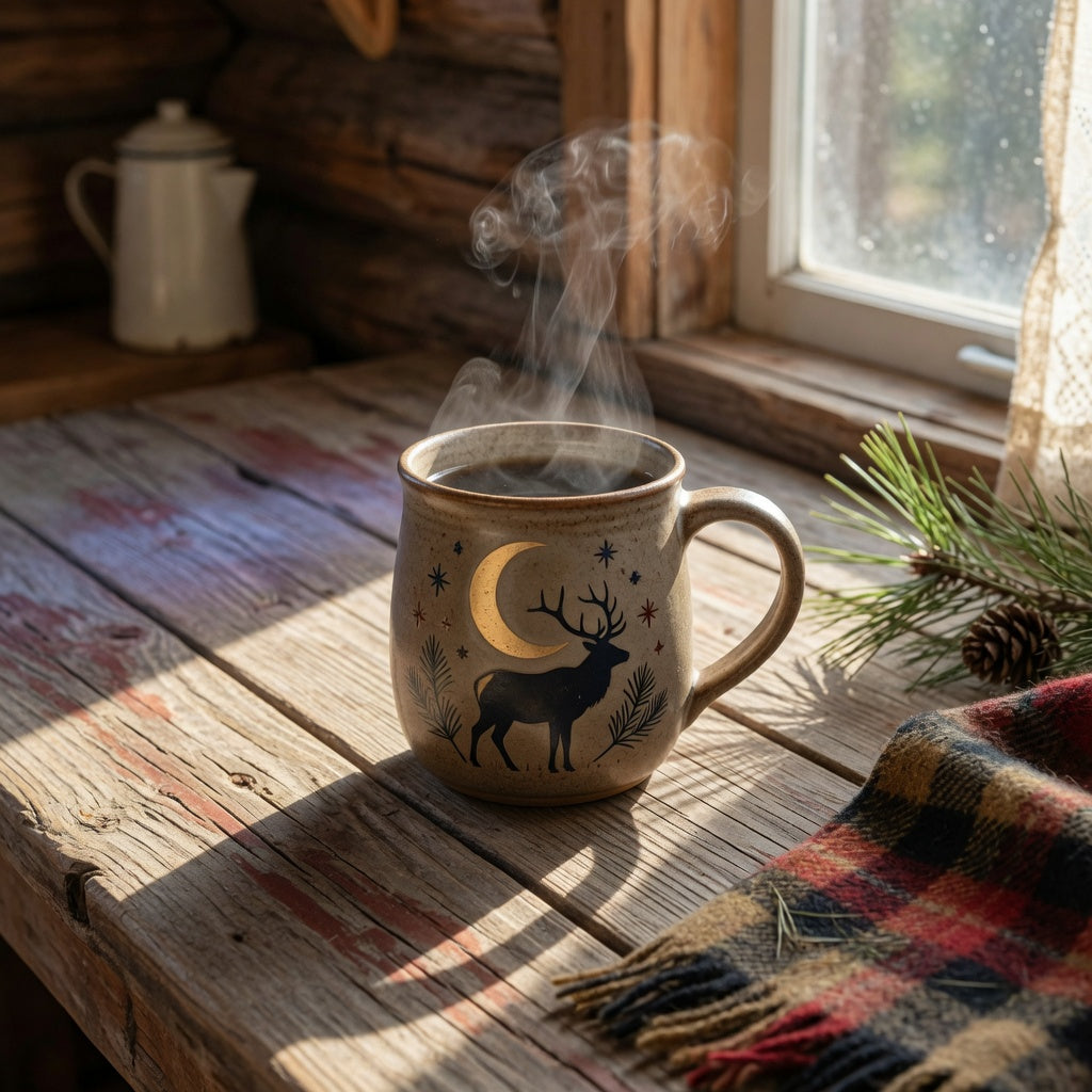 Ceramic elk coffee cup with an elk and moon design steaming on a rustic cabin table