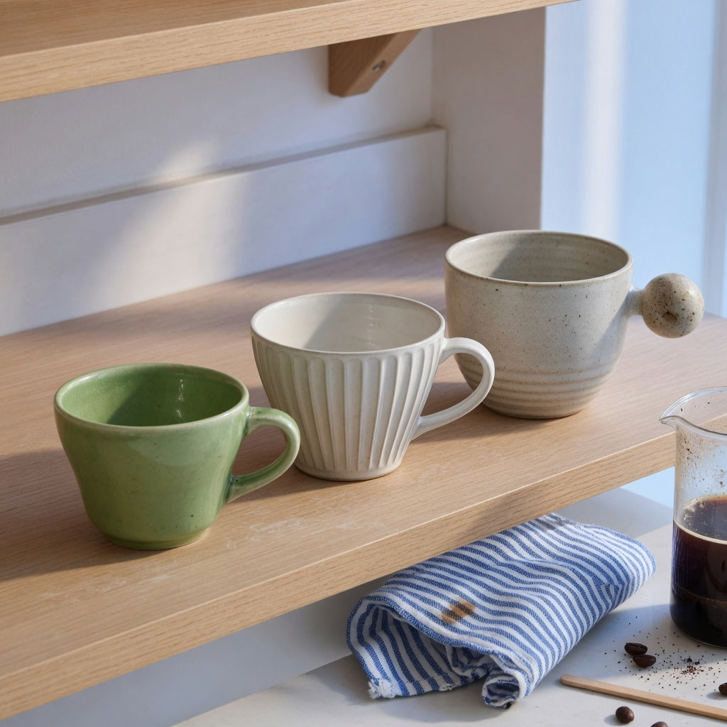 Ceramic espresso cup everyday mug rotation product shortlist guide showing Retro 170 ml, Pleated 200 ml, and Ball Handle 250 ml ceramic cups