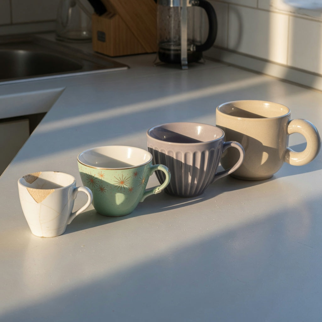 A ceramic espresso cup replacement purchase product shortlist guide showing Retro, Pleated, and Ball Handle cups beside a chipped demitasse