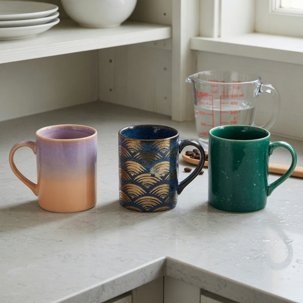 Side-by-side ceramic glazed coffee mugs current product facts comparison of Gradient, Golden Waves Kio, and Emerald designs