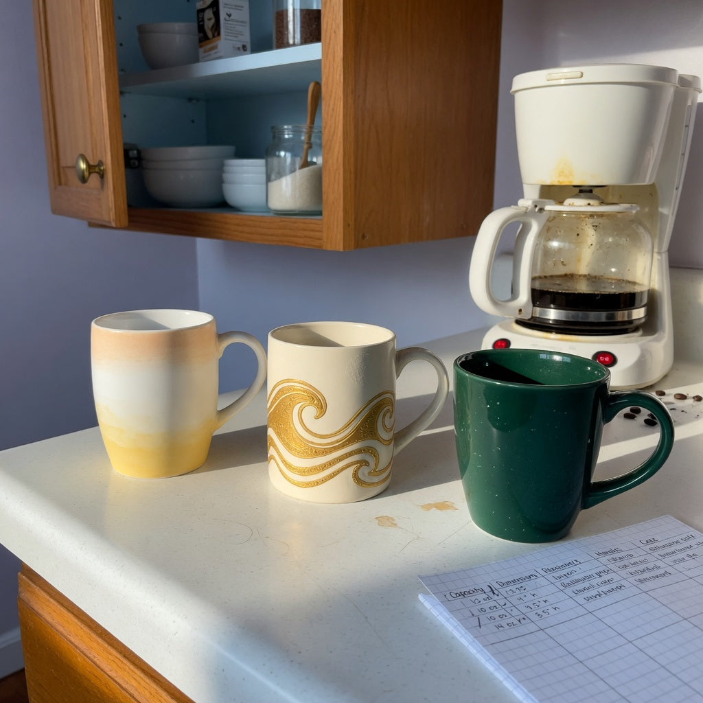 ceramic glazed coffee mugs first time buyer product shortlist guide with gradient, golden wave, and emerald mugs on a kitchen counter