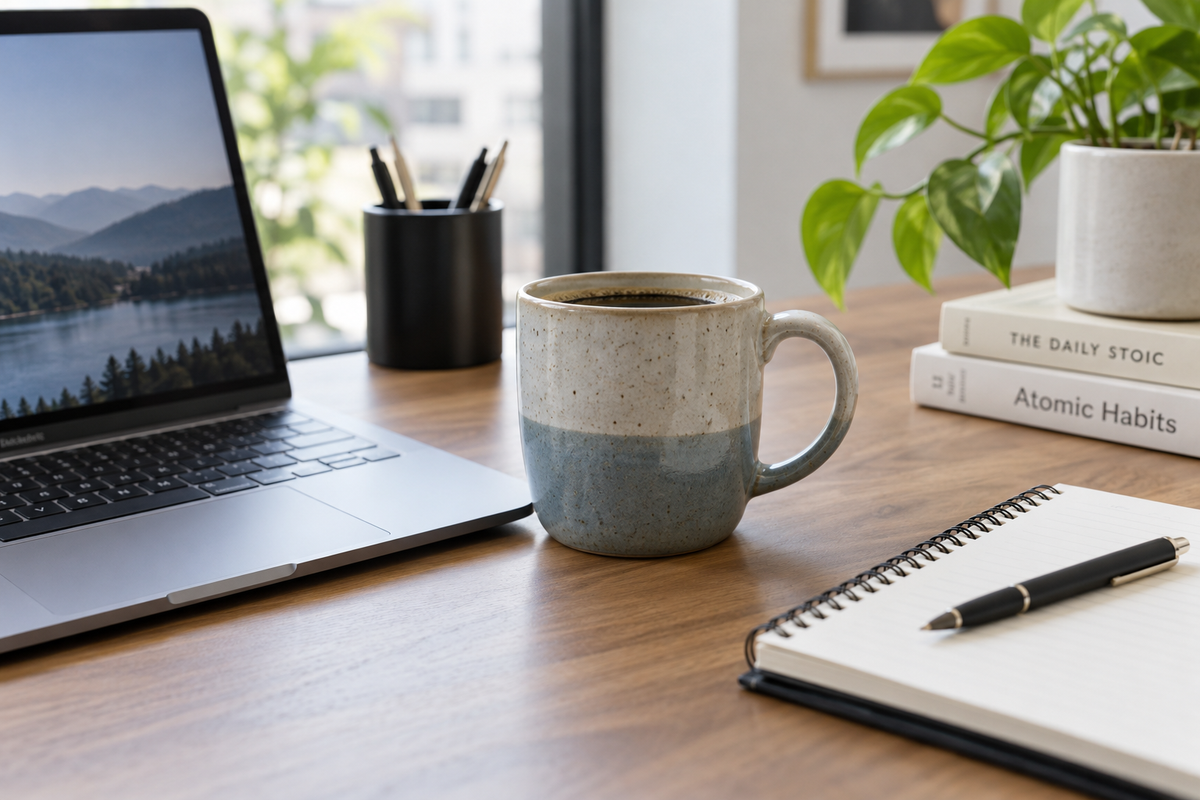 ceramic glazed coffee mugs for office desk displayed on a tidy workspace